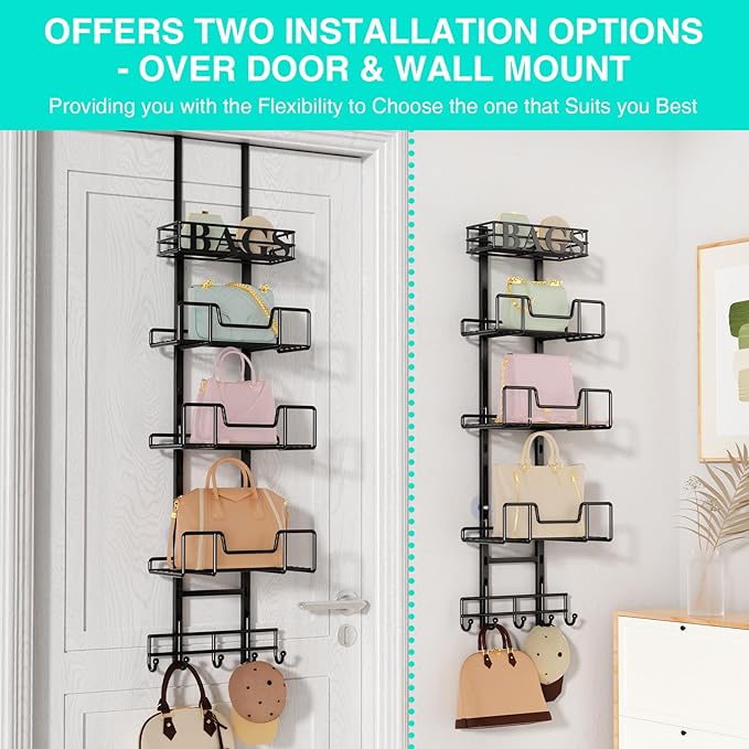 HapiRm Over Door Purse Organizer - Adjustable Purse Storage Rack with Bags Design Metal Basket, Wall Mounted Handbag Organizer, Hanging Handbag Holder, Can Use As 1/2 Part Detachable