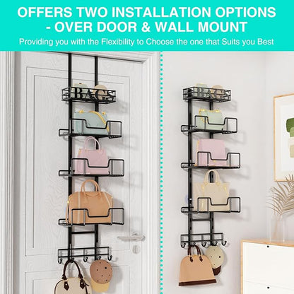 HapiRm Over Door Purse Organizer - Adjustable Purse Storage Rack with Bags Design Metal Basket, Wall Mounted Handbag Organizer, Hanging Handbag Holder, Can Use As 1/2 Part Detachable