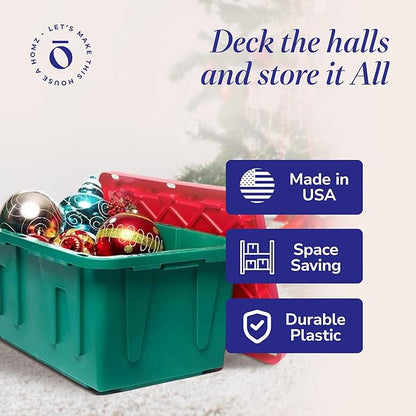 HOMZ 4-Pack Durabilt, Heavy Duty Plastic Storage Bins with Lids, 27 Gallon, Red/Green - Stackable Container Boxes for Holiday, Attic, and Garage Organization