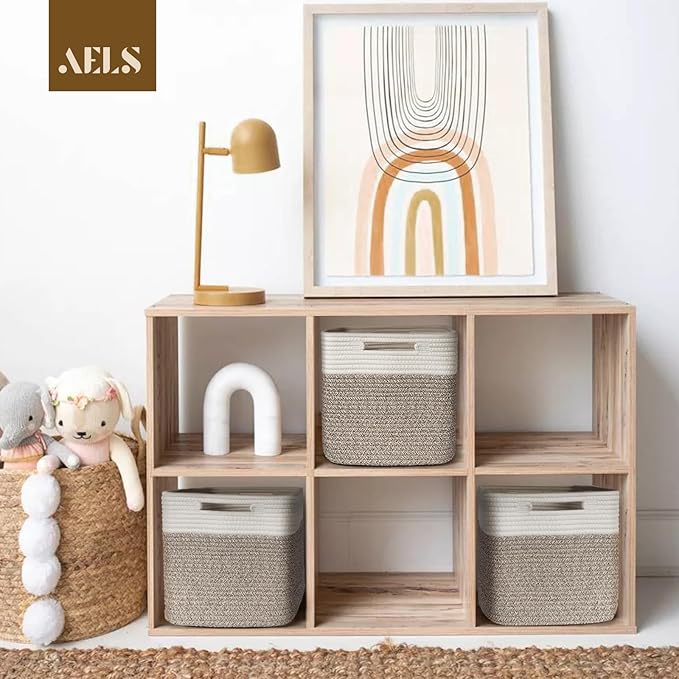 AELS Hand Woven Cotton Baskets for Storage, Cube Storage Bins with Handles, Foldable Collapsible Closet Organizers and Storage, Boho Farmhouse Storage Cubes for Shelves, Beige & Mixed Brown