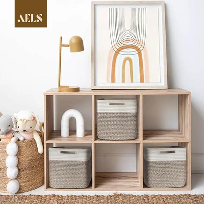 AELS Hand Woven Cotton Baskets for Storage, Cube Storage Bins with Handles, Foldable Collapsible Closet Organizers and Storage, Boho Farmhouse Storage Cubes for Shelves, Beige & Mixed Brown