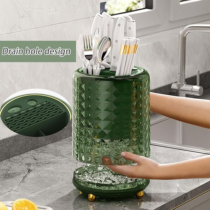 Dxcaicc Cooking Utensil Organizer for Kitchen Counter, Rotating Utensil Caddy with Removable Divider,Plastic Flatware Holder,Sink Countertop Flatware Organizer for Spoons, Forks, Knives,Green
