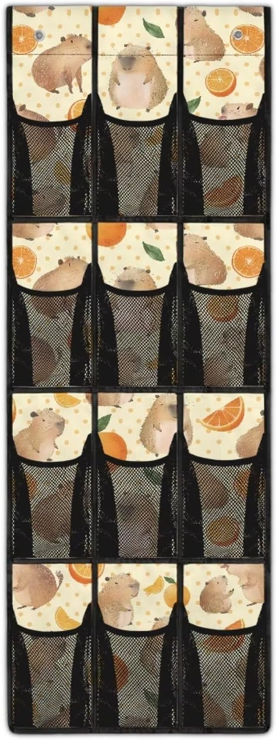 Orange Capibala Door Hanging Shoe Organizer for Bedroom Space Saving Shoe Organizer Over The Door for Living Room,Multi-Funtion Storage Bag,4 Metal Hook with 12 Pockets