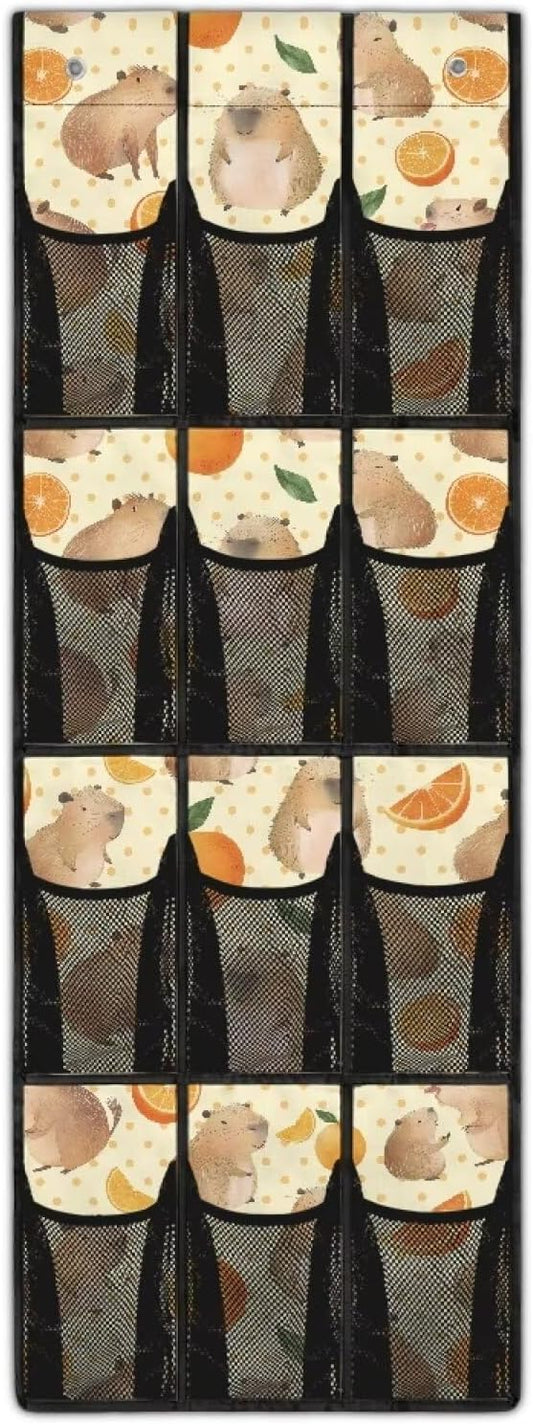 Orange Capibala Door Hanging Shoe Organizer for Bedroom Space Saving Shoe Organizer Over The Door for Living Room,Multi-Funtion Storage Bag,4 Metal Hook with 12 Pockets