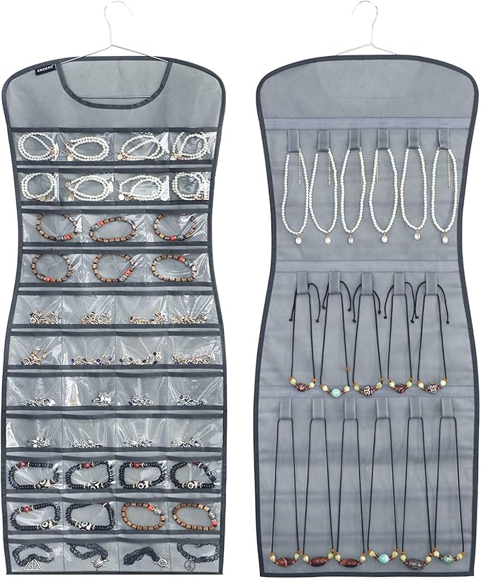 Dual sided Jewelry Hanging Organizer Closet Necklace Holder for Earrings Bracelets Rings with 42 Clear Pockets and 17 Hook Loops (Grey