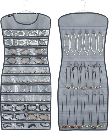 Dual sided Jewelry Hanging Organizer Closet Necklace Holder for Earrings Bracelets Rings with 42 Clear Pockets and 17 Hook Loops (Grey