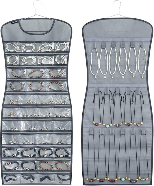 Dual sided Jewelry Hanging Organizer Closet Necklace Holder for Earrings Bracelets Rings with 42 Clear Pockets and 17 Hook Loops (Grey