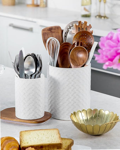 Nucookery Utensil Holder, Extra Large Ceramic Utensil Crock for Kitchen Counter, Stable Spatula & Flatware Organizer, Farmhouse Embossed Kitchen Decor, Set of 2 (Woven Pattern)