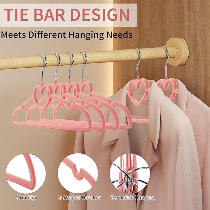 50 Pack Velvet Pink Hangers, Cute Heart Clothes Hangers with 360 Degree Swivel Hook, Non-Slip Thin Felt Hanger for Adult, Coat, Dress, Shirt, Jacket, Pants in Closet