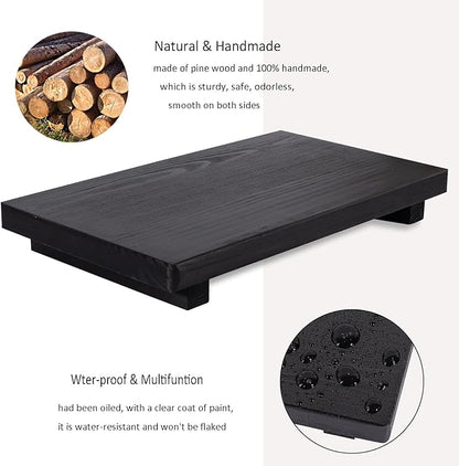 Bathroom Counter Organizer Wood Pedestal Stand Farmhouse Decorative Tray Soap Holder for Kitchen Decor, Large 11.8" x 7" - Black
