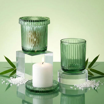2 Pack Qtip Holder - Apothecary Jars with Lids, Bathroom Organizers and Storage Canister for Cotton Balls,Swabs,Floss Picks,Hair Ties,Clear Glass Vintage Bathroom Decor Jar Set (Green)