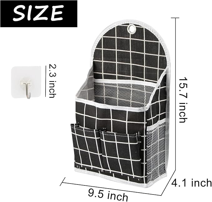 FuninCrea Wall Hanging Storage Bag, Black and White Checkered Linen Organizer Wall Mounted Punch-Free Over The Door Storage Pouch with 6 Storage Pockets and 1 Hanging Hook (Black)