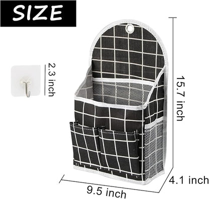 FuninCrea Wall Hanging Storage Bag, Black and White Checkered Linen Organizer Wall Mounted Punch-Free Over The Door Storage Pouch with 6 Storage Pockets and 1 Hanging Hook (Black)