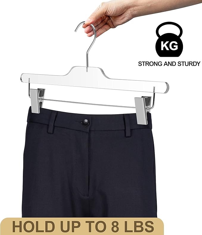 Quality Lucite Acrylic Clear Skirt Pants Hangers 90-Pack, with Adjustable Chrome Metal Clips, Made of Clear Acrylic for a Luxurious Look and Feel with Swivel Hook, Trousers Bottom Hangers