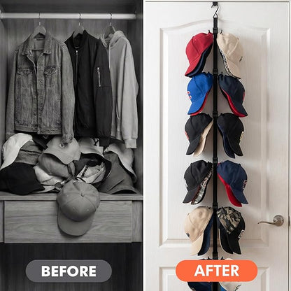 Hat Organizer for Closet, Hat Rack for Door with 6 Durable Adjustable Hooks & Storage Bag, Height 66 in Hat Storage for Home Dorm Room Travel Outdoor