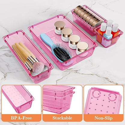 SpaceHacks 25 PCS Plastic Drawer Organizer Set, 4-Size Versatile Organizer Trays & Storage Bins for Makeup, Jewelry, and Gadgets in Bathroom, Bedroom and Office, Clear Pink
