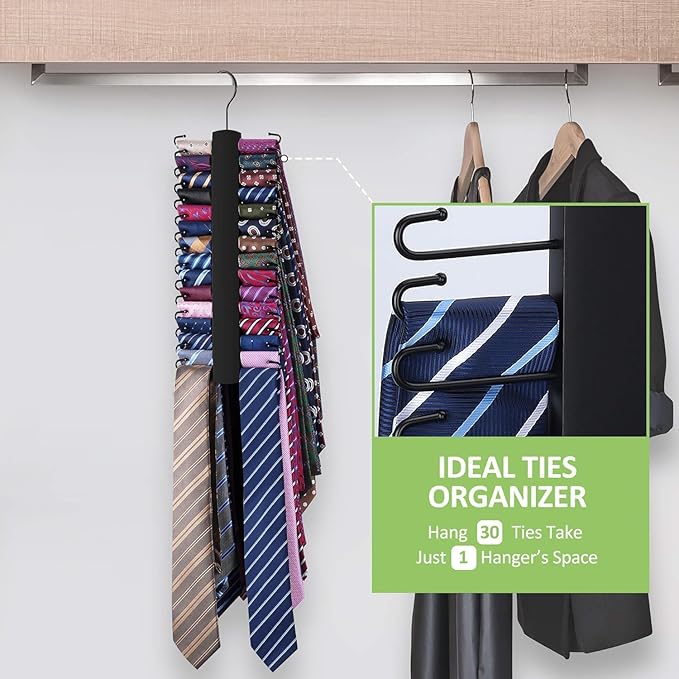 2 Pack Tie Rack, Wooden Tie Hanger for Men Closet, 60 Storage Capacity, Non-Slip Rotatable Tie Organizer, Closet Organizers and Storage, Black