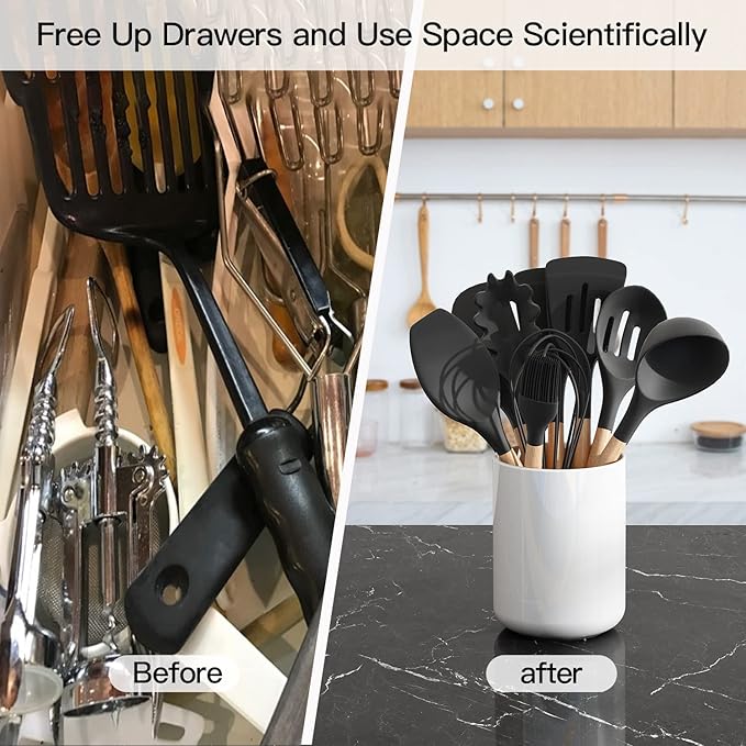 LATCHHOOK White Large Utensil Holder for Kitchen Counter, High 7.2” Glossy Ceramic Utensils Crock for Countertop, Spatula Cooking Utensil Holder Easy to Clean for Farmhouse 7.2×5.8 INCH
