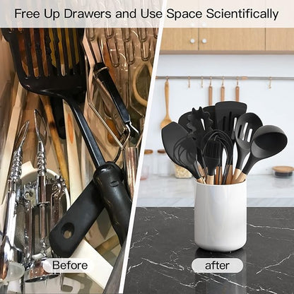 LATCHHOOK White Large Utensil Holder for Kitchen Counter, High 7.2” Glossy Ceramic Utensils Crock for Countertop, Spatula Cooking Utensil Holder Easy to Clean for Farmhouse 7.2×5.8 INCH