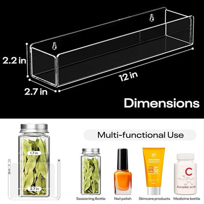 Wall Mounted Acrylic Spice Rack 4 Pack, 12 Inch Clear Pantry Door Organizer, Floating Spice Organizer, Adhesive or Screw Mounted Cabinet Seasoning Shelf