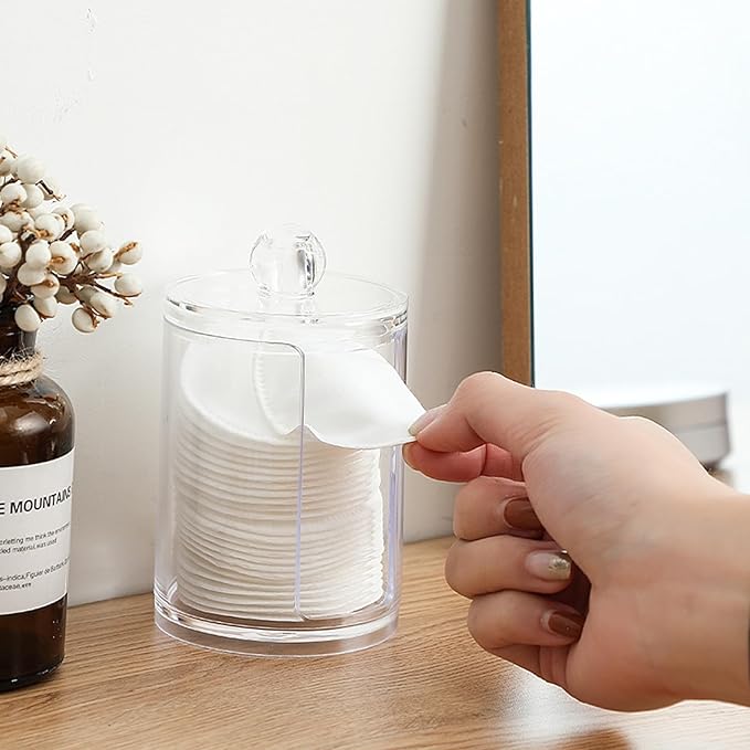 10oz Clear Plastic Cotton Round Holder Organizer - Shatterproof Vertical Cotton Pad Dispenser Canister with Lid for Bathroom Vanity Storage, Apothecary Jar for Face Cleaning Pads & Skincare