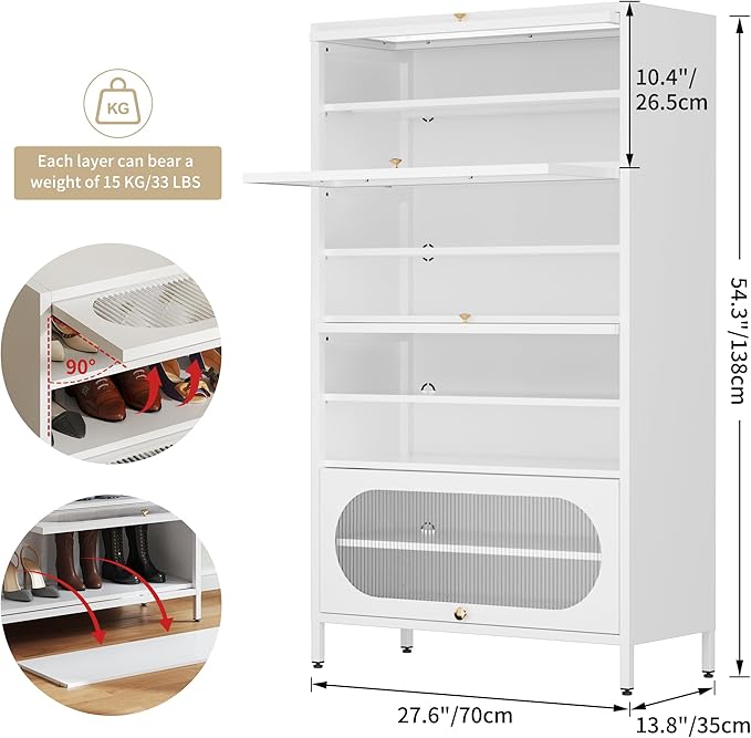Foreate 8-Tier Tall Shoe Storage Cabinet with 4 Flip-Up Doors & Removable Shelves, 54” Metal Cabinet Shoe Rack Organizer for 24-32 Pair Shoes, Freestanding Modern Entryway Shoe Cabinet, PC Door