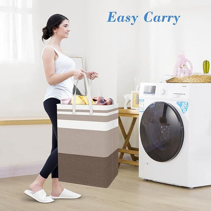 BlissTotes 3-Pack Laundry Basket, Freestanding＆Waterproof Laundry Hamper, Collapsible Tall Clothes Hamper with Easy Carry Handles for Clothes, Towels in the Family and Dorm,Gradient Khaki,88L