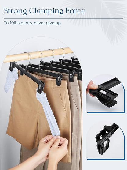 Smartor Space Saving Skirt Hangers - 150 Pack, Slim Plastic Pants and Shorts Hangers, Ridged Non-Slip with Pinch Clips, Black Clip Hanger for Women, 360-Rotating Chrome Swivel Hook, 10 Inches