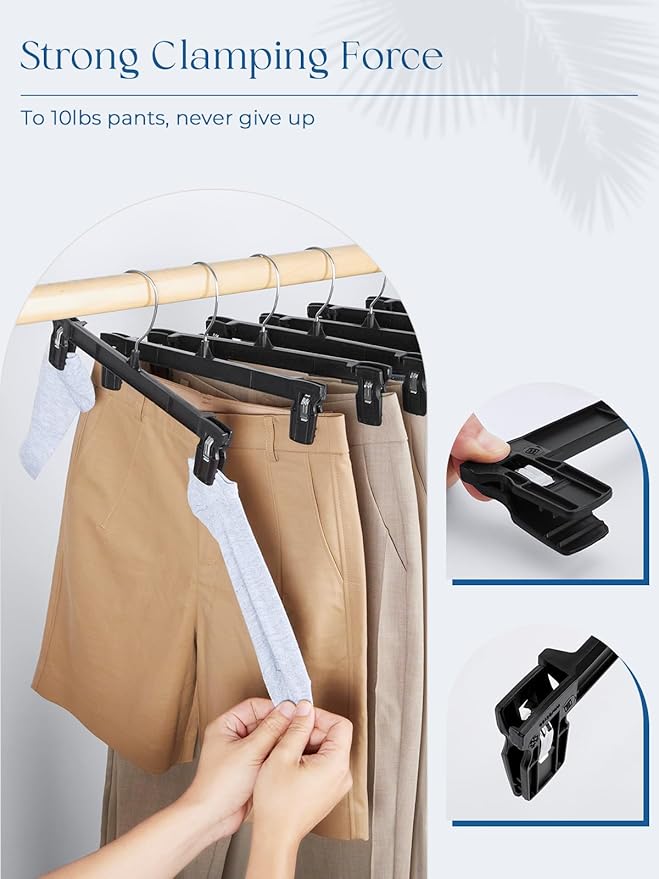 Smartor Space Saving Heavy Duty Hangers - 300 Pack, Slim Plastic Pants and Shorts Hangers, Ridged Non-Slip with Pinch Clips, 360-Rotating Chrome Swivel Hook, Black, 12 Inch