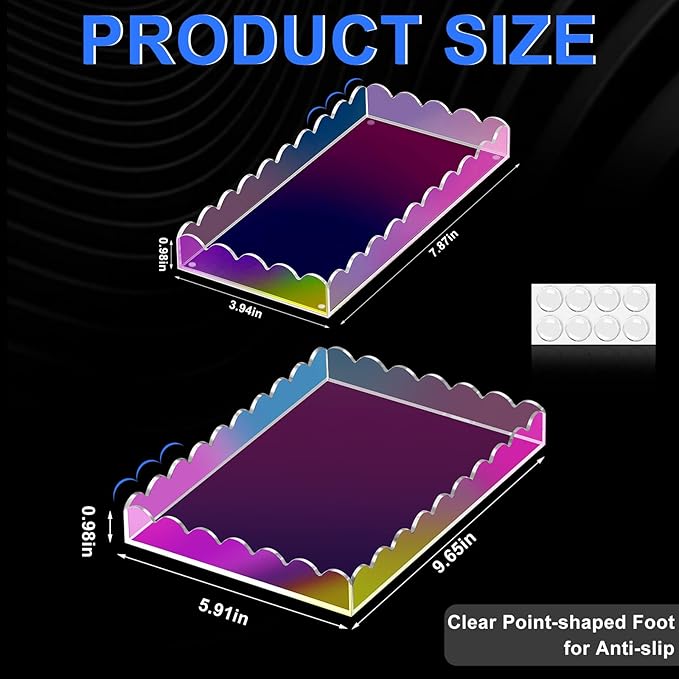 2 Pack Iridescent Acrylic Bathroom Vanity Tray 7.9" and 9.6",Colorful Soap Dispenser Decorative Scalloped Tray for Bathroom Kitchen Living Room Decor Vanity Perfume