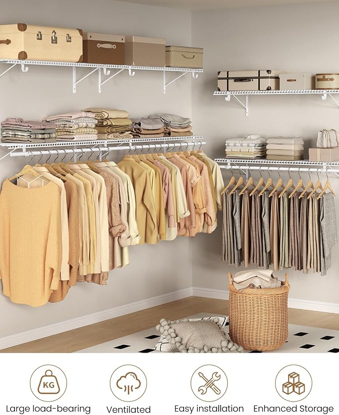 Supforce 4 Pack Closet Shelves with Triangular Brackets and Hanging Rod, 4FT X 12IN Wall Mounted Wire Shelving Orgnizer for Closet,Laundry Room,Pantry,Load Up to 150lb, White