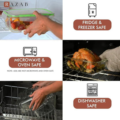 Razab 4 PC 1860ml / 63 Oz / 8 Cups Large Glass Food Storage Containers with Lids - Glass Meal Prep Containers for Roasting & Storing Leftover, Lunch Container with Lids, Microwave & Oven Safe