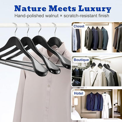 HOUSE DAY Wide Shoulder Wooden Hangers 12 Pack, Wood Suit Hangers for Men with Non Slip Pants Bar, Smooth Finish Solid Wood Coat Hangers for Jacket, Pants, Dress, Heavy Clothes Hangers (Black)