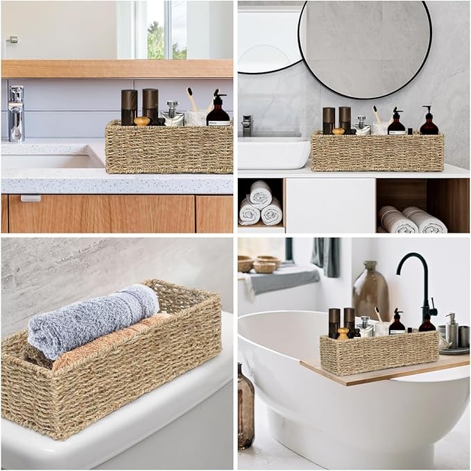 [2-Pack] Seagrass Storage Baskets, Rectangle Wicker Containers, Wicker Toilet Basket Tank Topper, Handwoven Natural Storage Baskets for Shelves, Bathroom, Bedroom (16" x 6.5" x 4.3")
