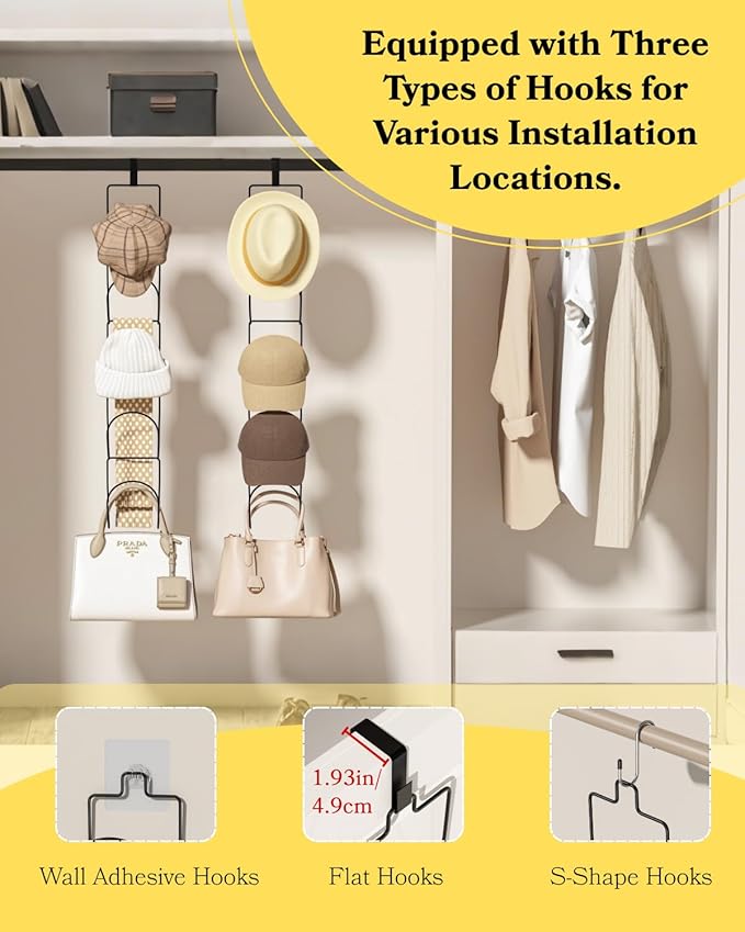 10Pack Over The Door Hat Organizer for baseball caps | Multi-Functional Baseball Hat Rack for Closet | Wall Mounted Hat s torage organizer | 5 types of accessories cap holder stand w hooks ,Black
