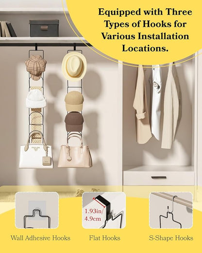10Pack Over The Door Hat Organizer for baseball caps | Multi-Functional Baseball Hat Rack for Closet | Wall Mounted Hat s torage organizer | 5 types of accessories cap holder stand w hooks ,Black