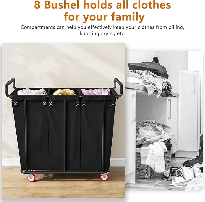 Gewudraw Large laundry hamper with Wheels, 360L 3 Bag Big Rolling Laundry Hamper Sorter Cart, Extra Large Laundry Clothes Hamper, Heavy Duty Laundry Basket Organizer for Laundry Room,Bathroom,Black