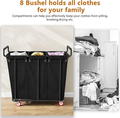 Gewudraw Large laundry hamper with Wheels, 360L 3 Bag Big Rolling Laundry Hamper Sorter Cart, Extra Large Laundry Clothes Hamper, Heavy Duty Laundry Basket Organizer for Laundry Room,Bathroom,Black