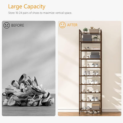 usikey 10 Tiers Narrow Shoe Rack 20-30 Pairs, Sturdy Metal Tall Shoe Rack Shelf with 4 Hooks, Slim Shoe Storage with Metal Shelf, Space Saving Vertical Shoe Organizer for Entryway Bronze UNYXJX018A