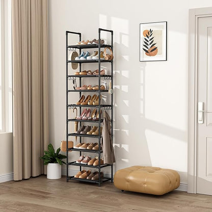 VTRIN 10 Tiers Tall Shoe Rack Holds 20-25 Pairs of Shoes Sturdy Vertical Shoe Organizer with 18pcs Hooks Stackable Narrow Shoe Rack for Closet, Entryway Black