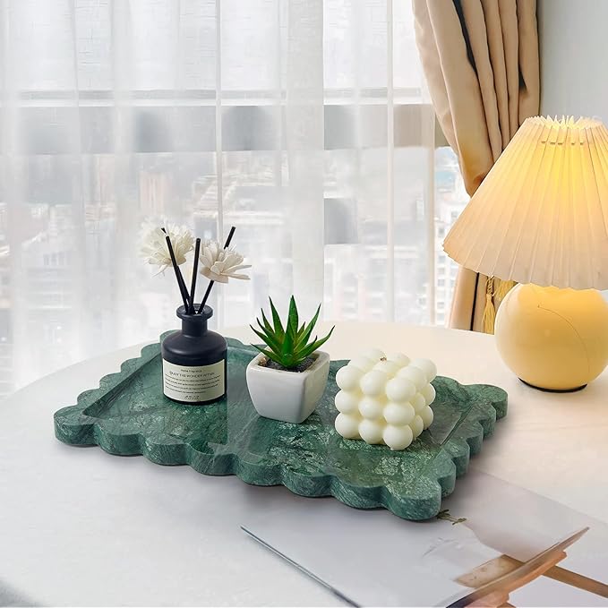 Real Natural Scalloped Marble Tray for Bathroom, Vanity, Kitchen and Desktop, Decorative Stone Tray for Jewelry, Cosmetics, Candles, Lotion, Perfume and Home Décor (Dark Green, 12" x 8")