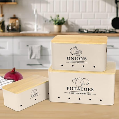 Kitchen Vegetable Storage Set of 3, Metal Onion Garlic Potato Storage Set, Kitchen Canisters Vegetable Keeper Containers with Aerating Holes and Wooden Lid (Beige)