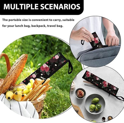 COEQINE Travel Silverware Holder Case Flatware Organizer For Drawer 11 Inch Wide and 2.7 Inch Carrying Bag Storage Case For Knife Fork Spoon, Red Rose Floral Retro Style