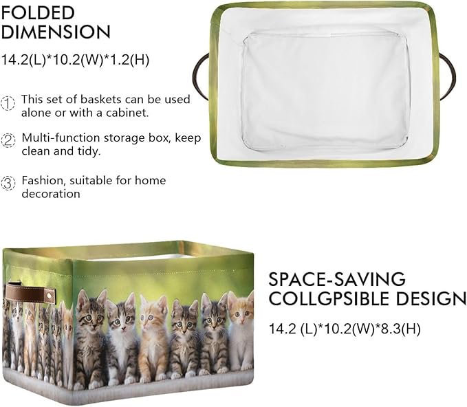 Large Storage Basket Cats Cute Kitten Storage Bin Cube Canvas Fabric Organizer Handles Collapsible for Clothes Toys Bedroom Decorative