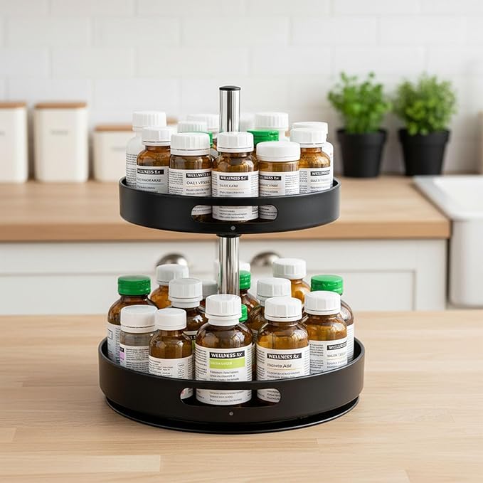 Pill Bottle Organizer,2 Tier Lazy Susan Organizer,360 Degrees Rotating Spice Rack Organizers for Cabinet,Turntable Organization and Storage for Medicine Cabinet Bottle Pantry Countertop, Black