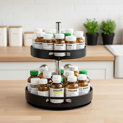 Pill Bottle Organizer,2 Tier Lazy Susan Organizer,360 Degrees Rotating Spice Rack Organizers for Cabinet,Turntable Organization and Storage for Medicine Cabinet Bottle Pantry Countertop, Black