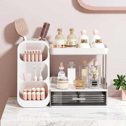 Makeup Organizer for Vanity with Brush Holder, 2 Tiers Countertop Skincare, Cologne Organizer and Perfume Stand for Bathroom Vanity, Large Capacity Makeup Storage, White