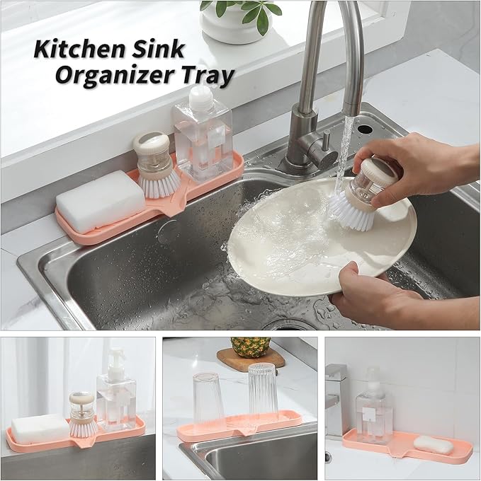MicoYang Silicone Bathroom Soap Dishes with Drain Spout-Bathroom and Kitchen Sink Organizer,Sponge Holder,Dish Soap Tray,Perfect for Dispenser,Scrubber,Bottle,Cup on Sink or Counter-Pink 12"×4"