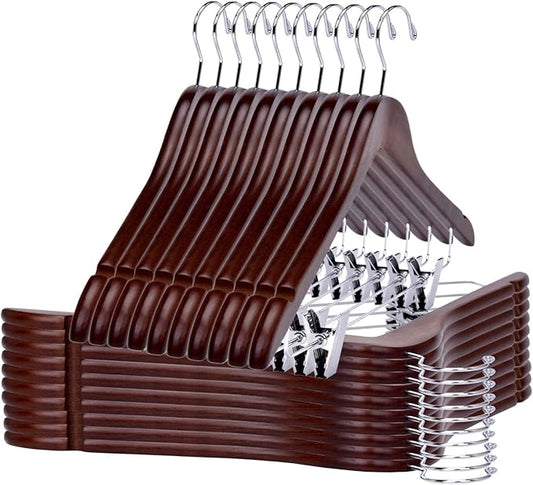 Quality Wooden Skirt Hangers with Clips 80-Pack Walnut Pants Hangers with Adjustable Chrome Metal Clips, Swivel Hook, Coat, Jacket, Blouse Suit Hangers (Walnut - Chrome Hook, 80)