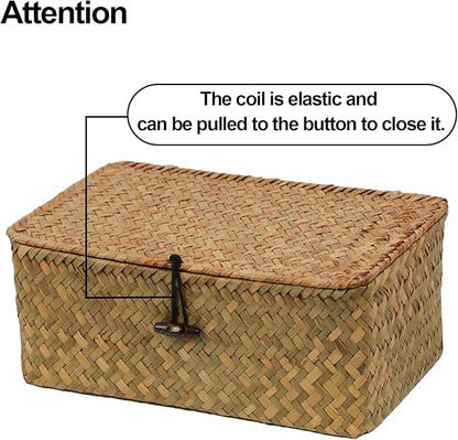 Set of 2 Wicker Basket with Lid, Seagrass Woven Basket for Storage, Decorative Storage Baskets Bins for Organizing Home